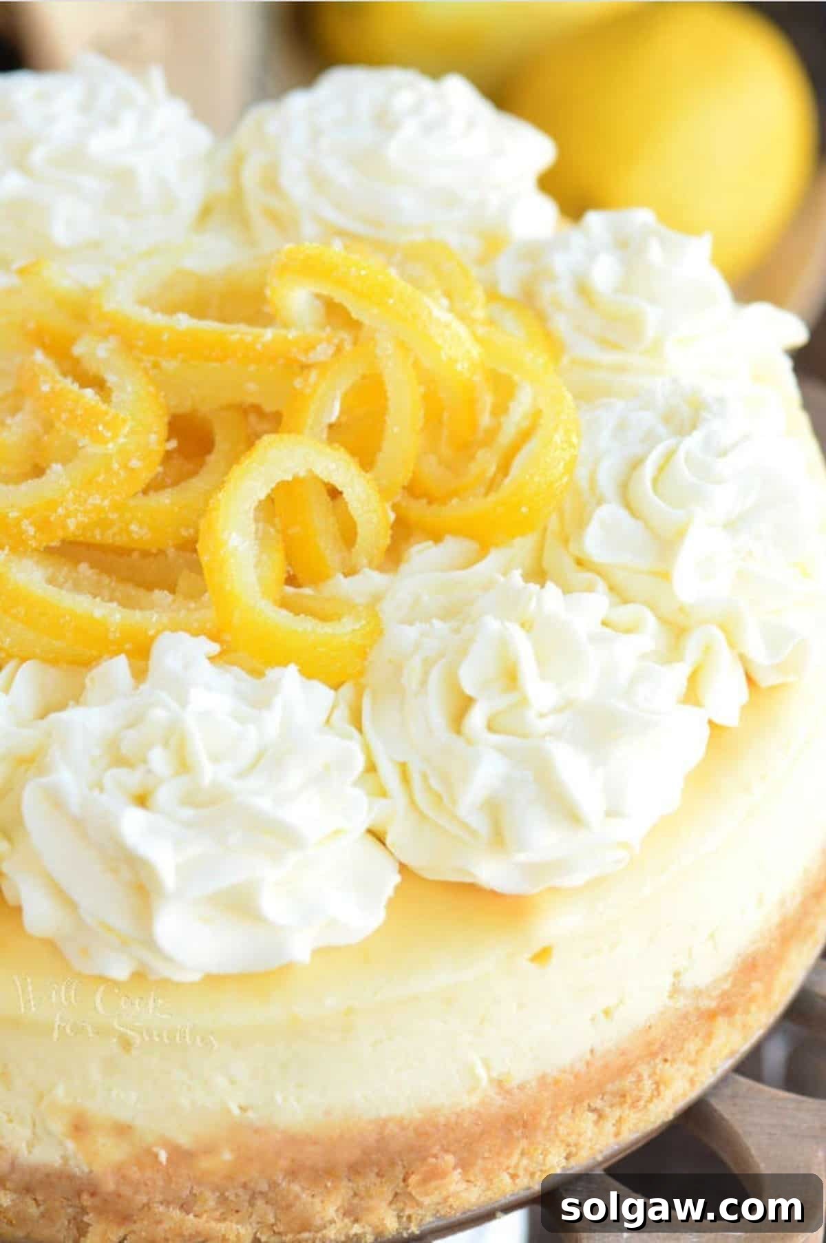 A vibrant lemon cheesecake adorned with delicate candied lemon peels and fluffy cream cheese frosting, ready for serving.