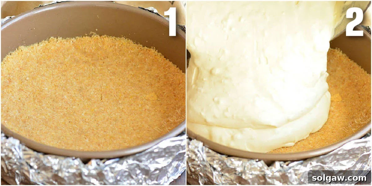 A collage showing the process of pressing graham cracker crust into a springform pan and pouring the smooth cheesecake batter.