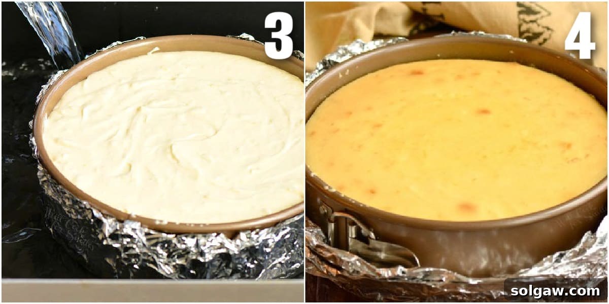 A two-part image showing hot water being carefully poured into a roasting pan around the cheesecake, and the beautifully baked cheesecake after cooling.