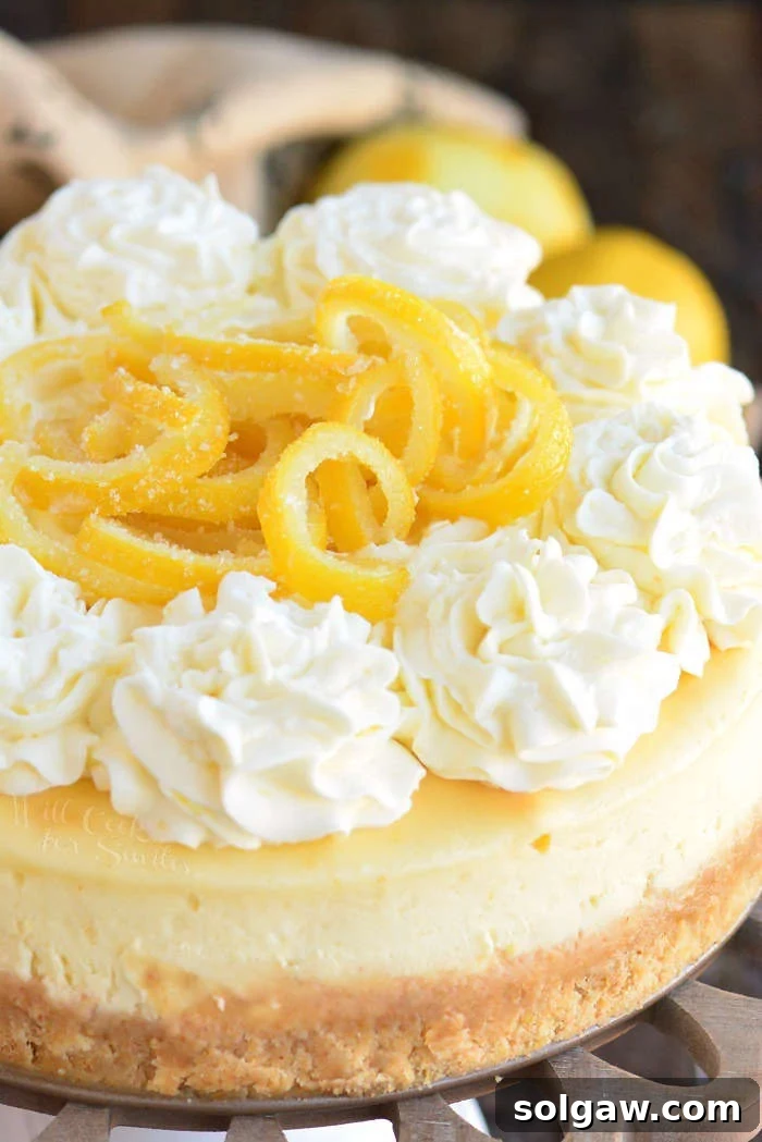 A vibrant and refreshing lemon cheesecake with a creamy filling, topped with lemon zest and a light frosting.