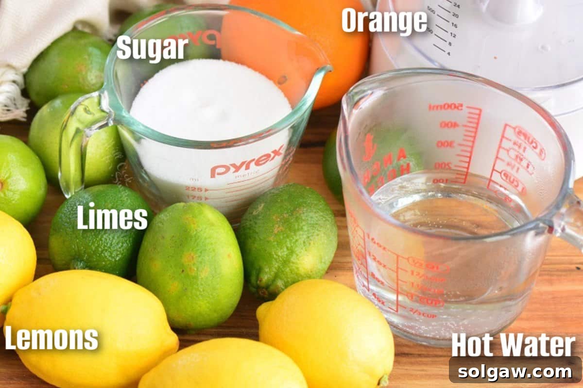 Ingredients laid out on a cutting board to make a homemade margarita mix, including fresh limes, lemons, oranges, and a bowl of sugar, highlighting the natural components.