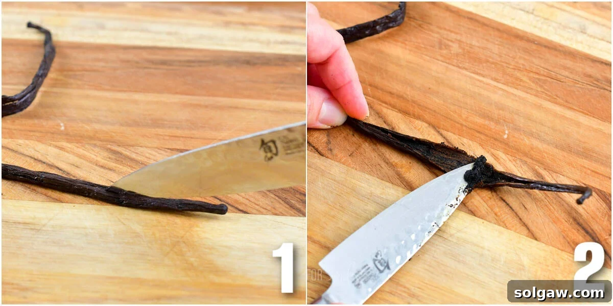collage of two images of slicing through vanilla bean pod and scraping the beans.