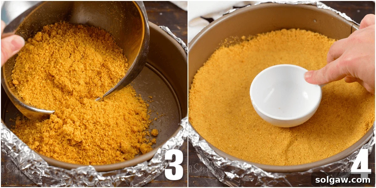collage of two images of adding crust mix into the pan and patting it in.