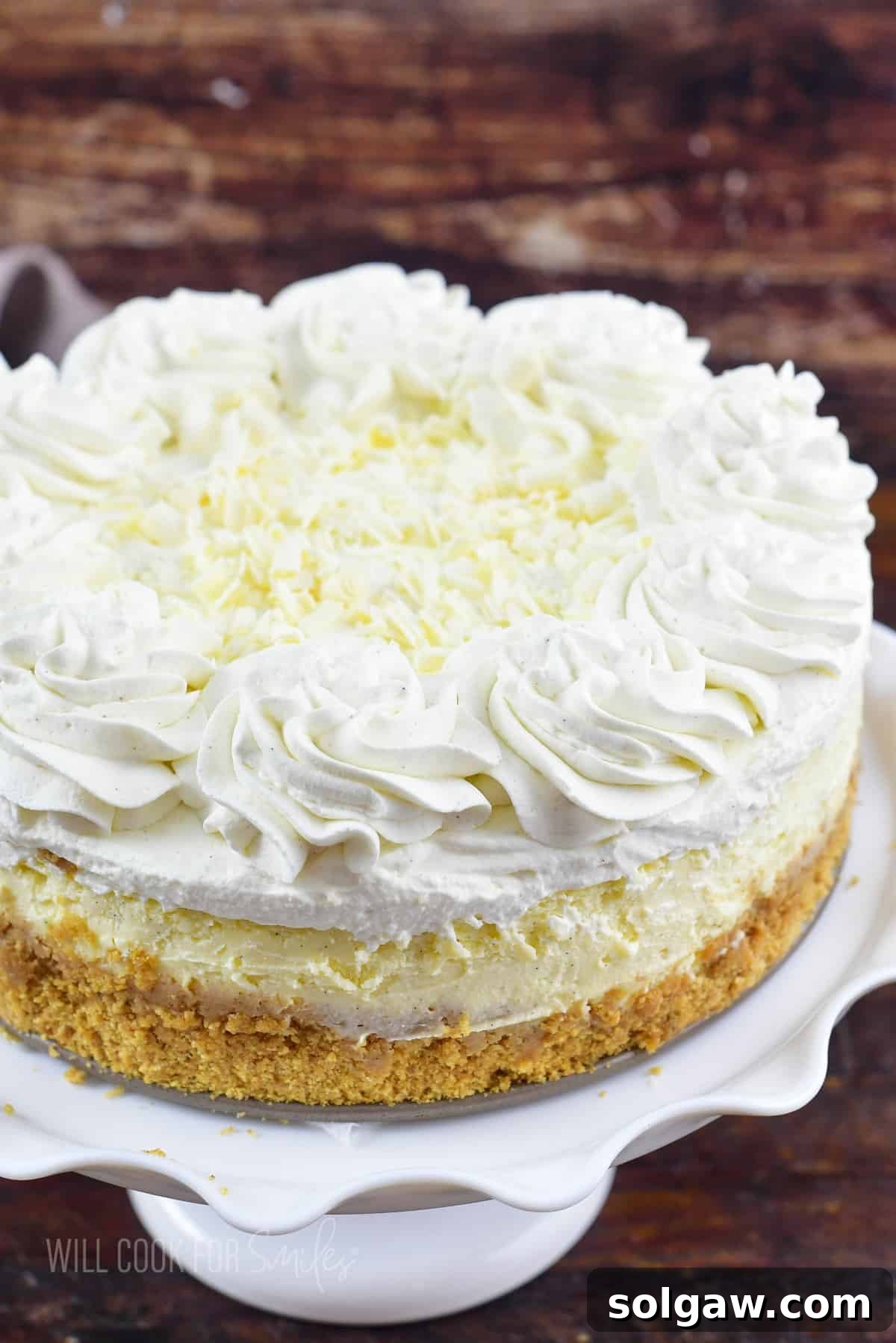 vanilla bean cheesecake with whipped cream on the cake stand.