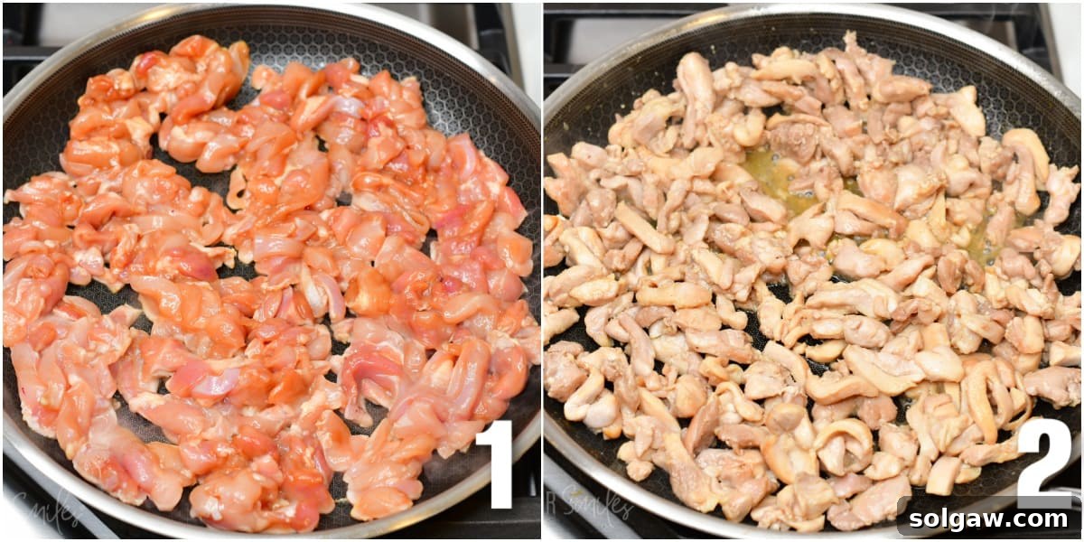 collage of two images of uncooked diced chicken in the pan and then cooked.