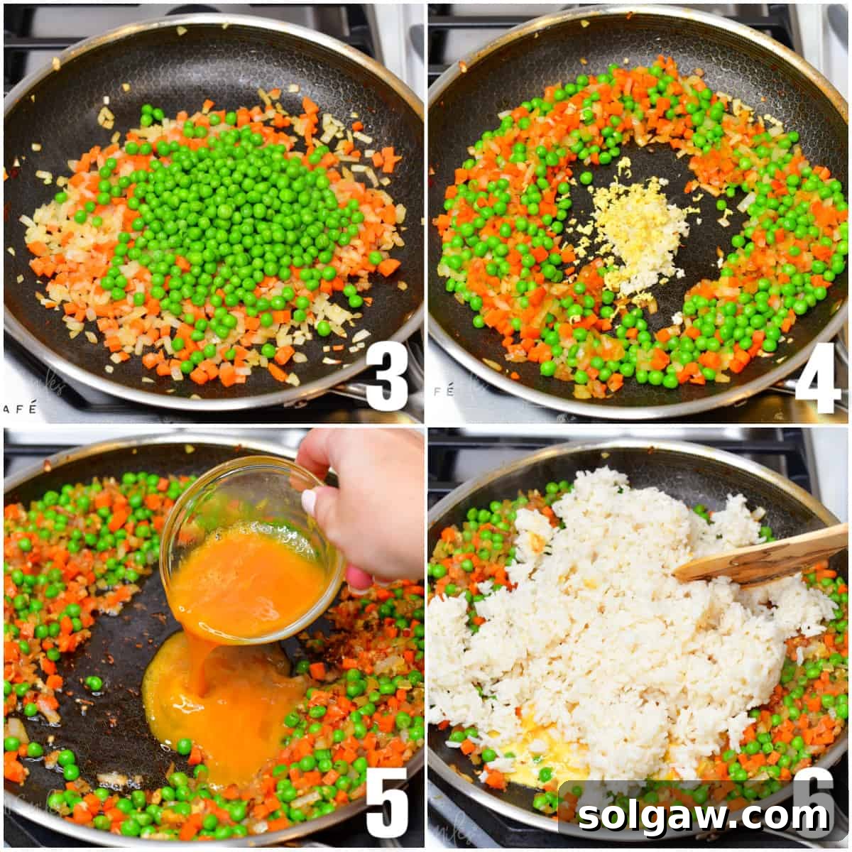 collage of four images of cooking veggies, then eggs, and rice for fried rice.