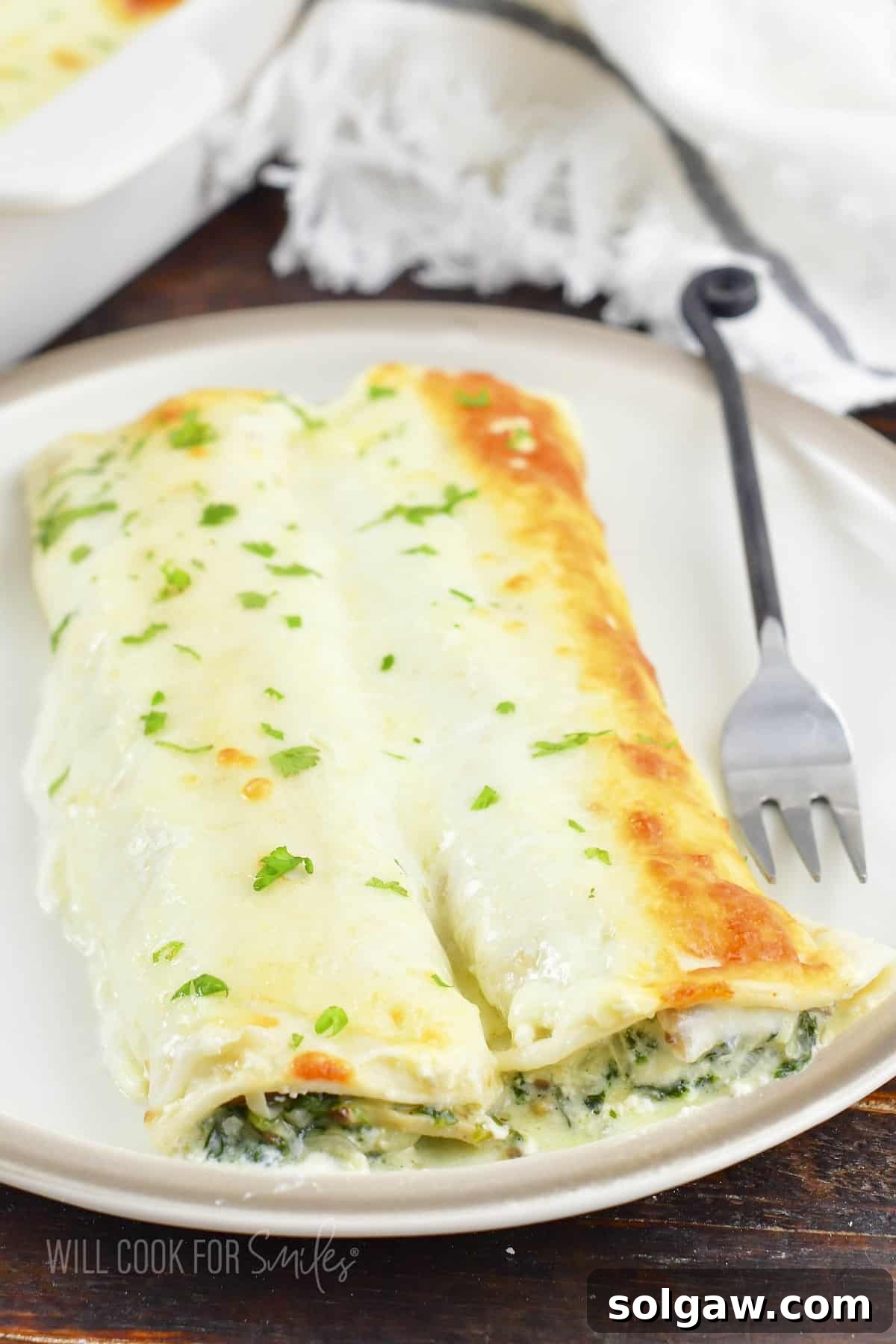 two creamy spinach and mushroom enchiladas on the plate, garnished with fresh cilantro.