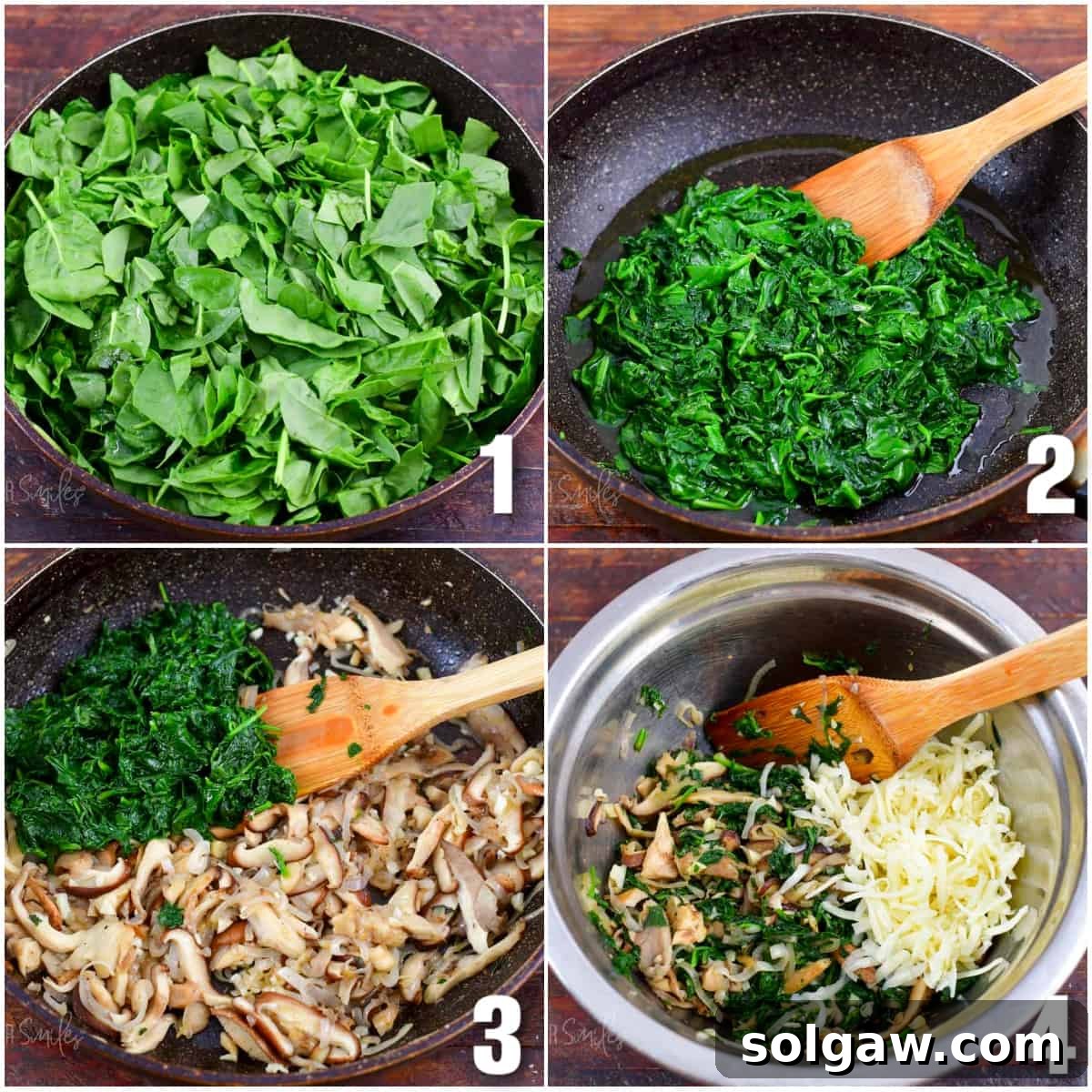 collage of four images showing the steps: cooking spinach, then adding mushrooms and shallots, and finally mixing the filling ingredients.