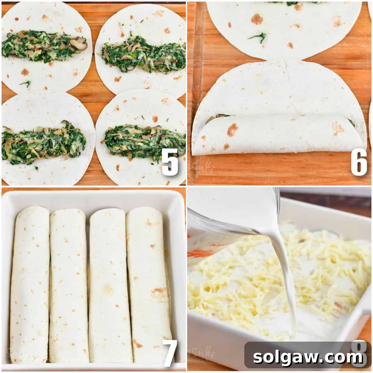 collage of four images showing rolling the filling into tortillas, placing them in a baking dish, and pouring sauce over them.