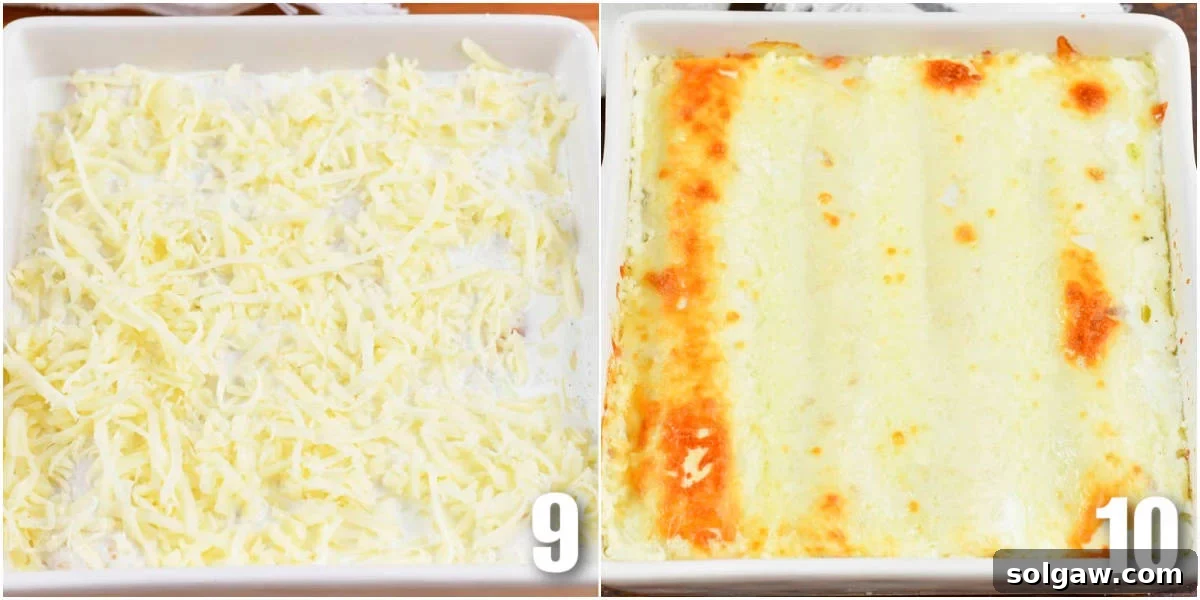 collage of two images of creamy vegetable enchiladas before and after baking, showing a golden, bubbly top.