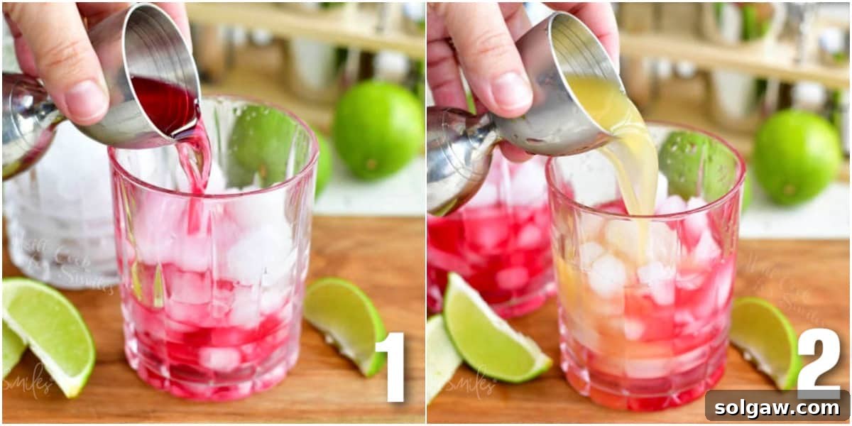 Two sequential images showing the preparation of a Bay Breeze cocktail: first, pouring cranberry juice into a glass, followed by adding pineapple juice.
