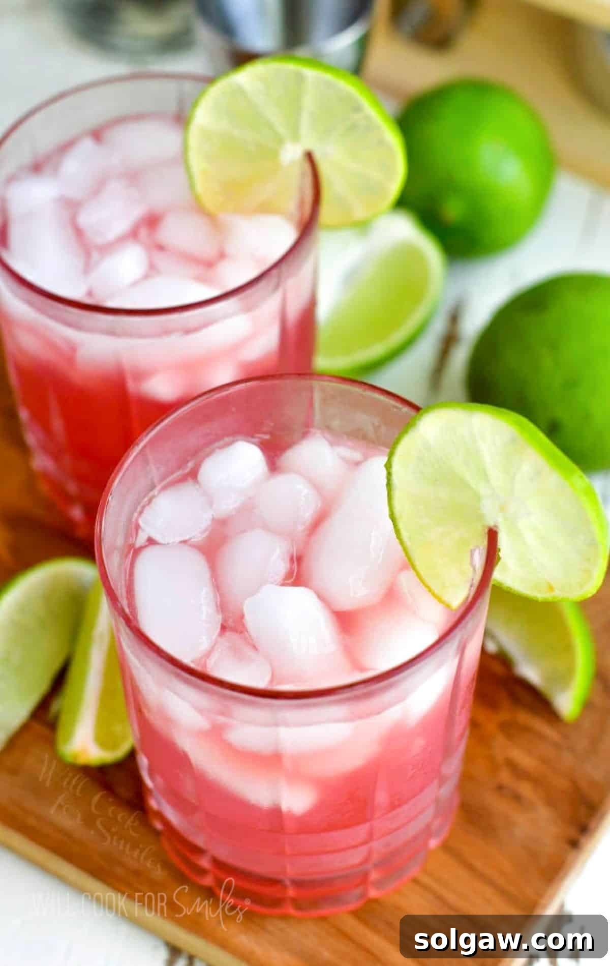 Two identical glasses filled with pink Bay Breeze cocktails, garnished with lime wheels, ready to be enjoyed.