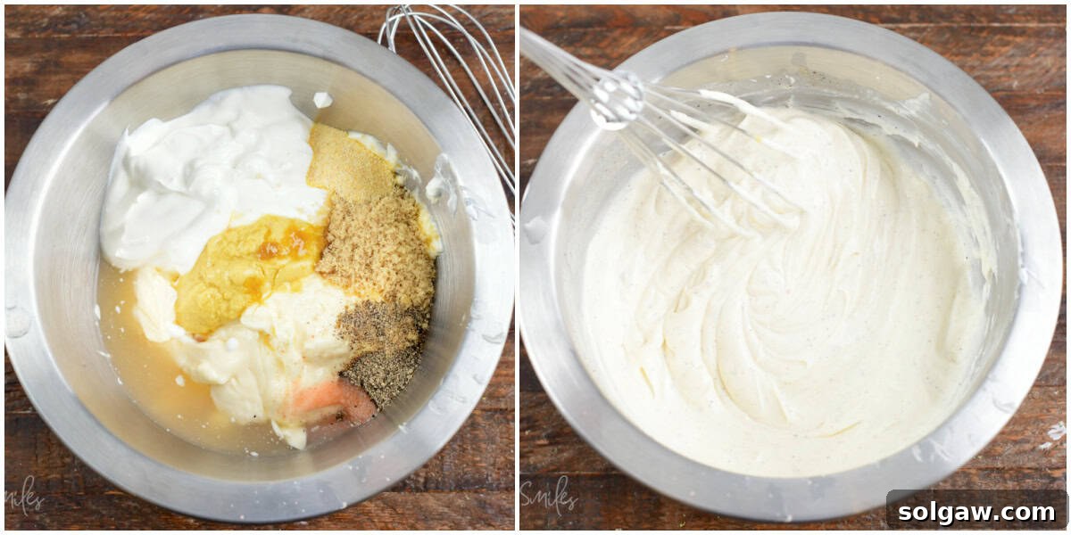 Homestyle Macaroni Salad 4 Two images side by side demonstrating the step-by-step process of preparing macaroni salad dressing by whisking ingredients in a bowl.