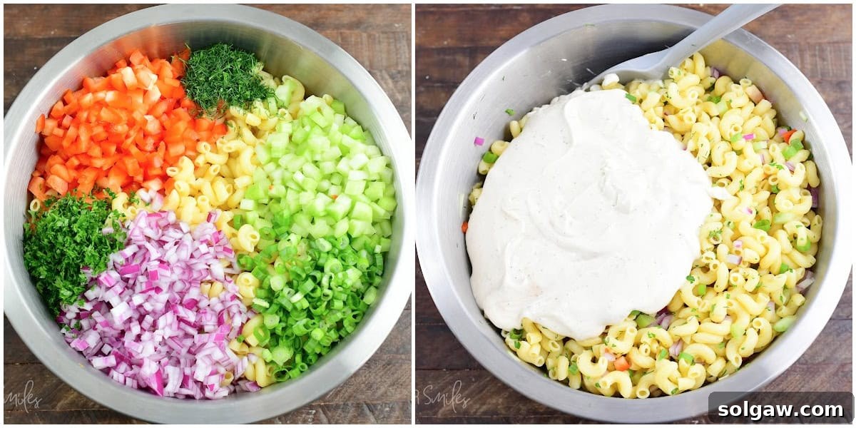Homestyle Macaroni Salad 5 A two-image collage showing the process of combining cooked macaroni, diced vegetables, and fresh herbs in a large bowl, followed by mixing in the creamy dressing.