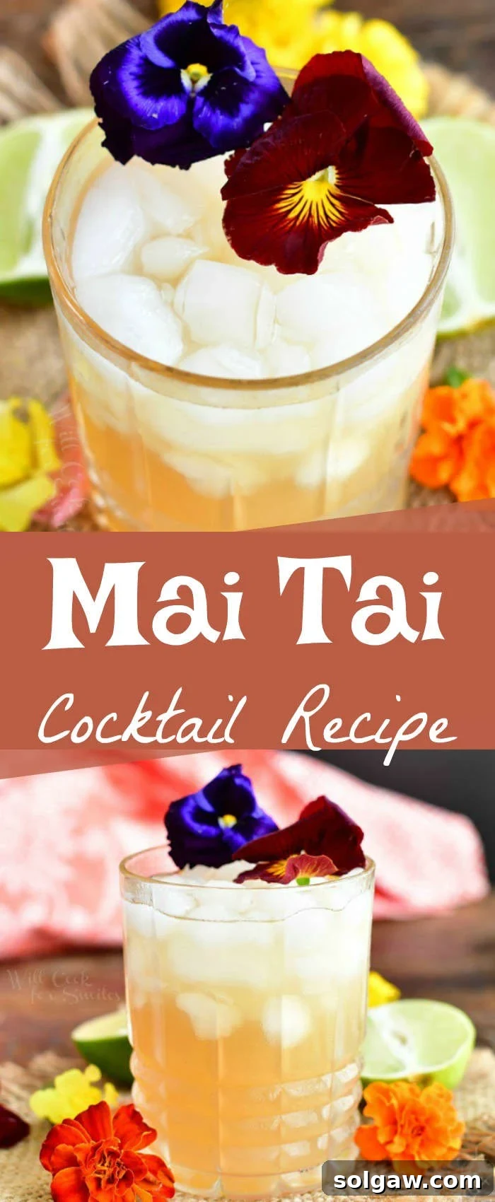 Paradise Sip 11 collage of two images: top view of cocktail in the glass decorated with purple and burgundy flowers on top and side view of the cocktail on the bottom