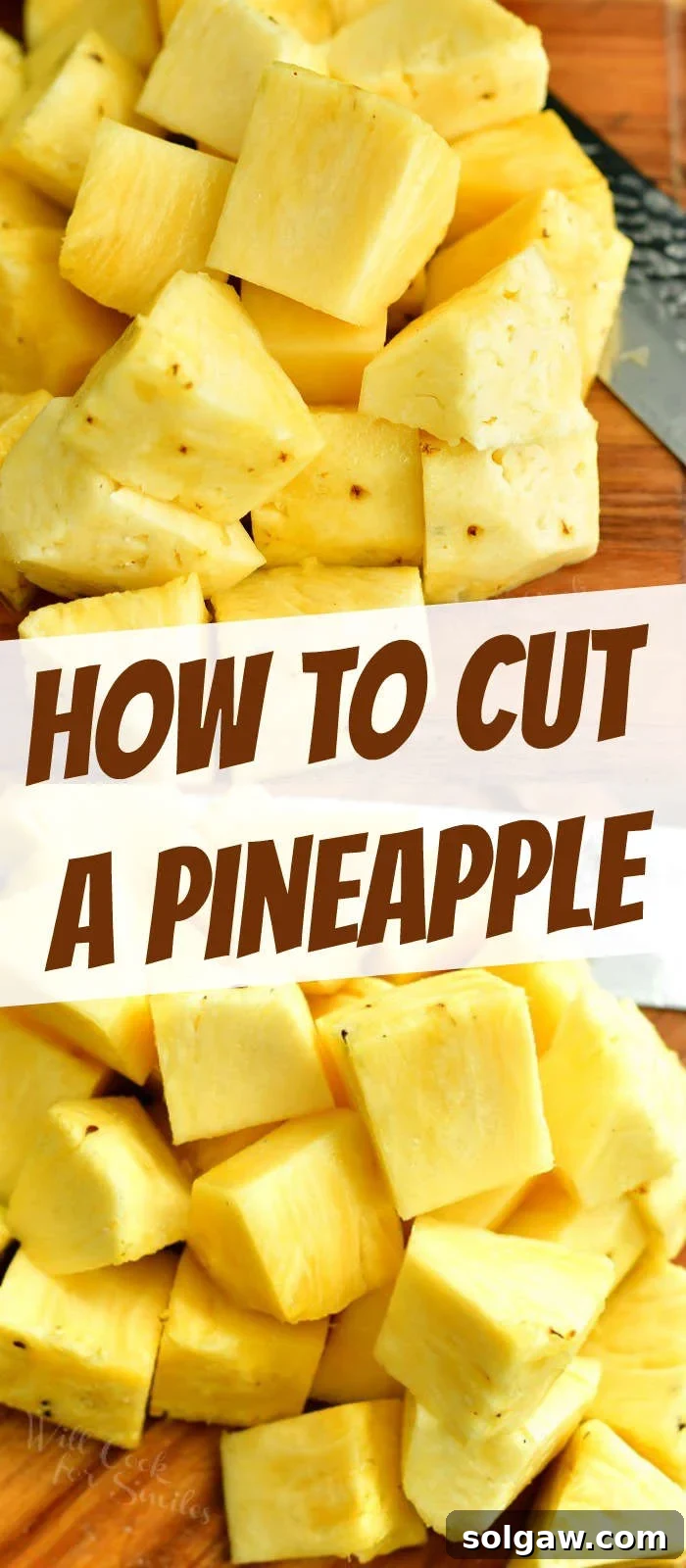 A collage of two images showing cut pineapple, with a title overlay in the middle: 'How to Cut a Pineapple'.