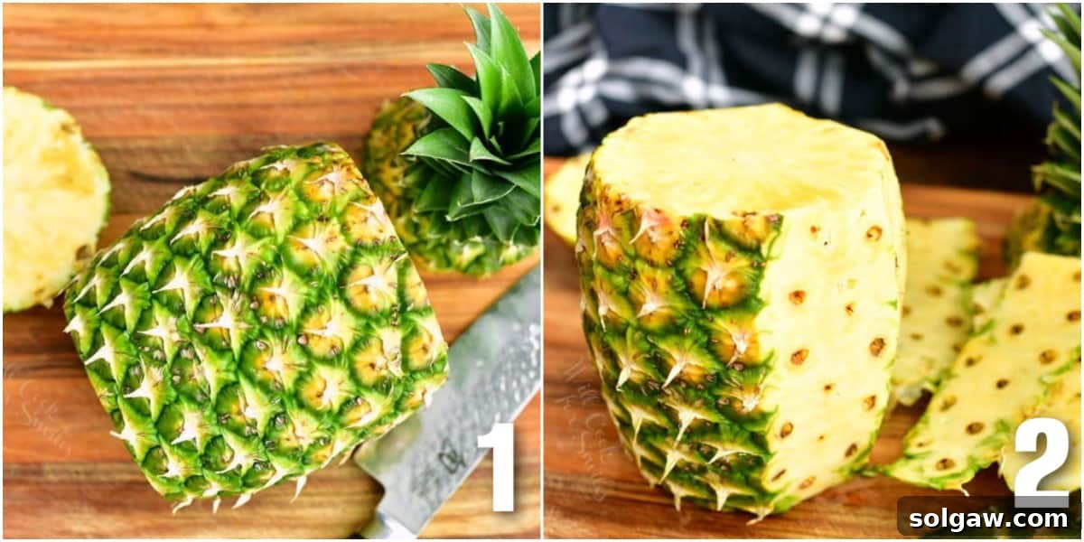 A two-part image collage showing the initial steps of cutting a pineapple: the top and bottom being sliced off, followed by the outer skin being carefully removed.