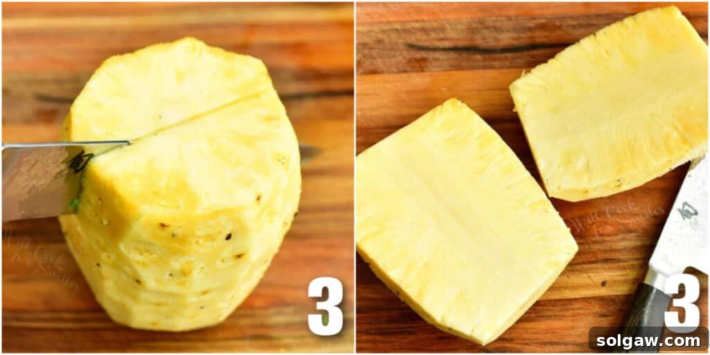 A two-part image collage showing the pineapple being cut lengthwise, resulting in two halves of peeled pineapple on the cutting board.