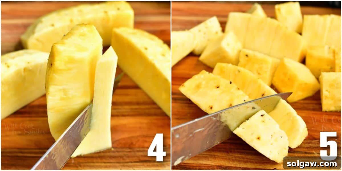 A two-part image collage illustrating the final stages of pineapple preparation: slicing off the central core from a quarter, and then dicing a pineapple quarter into bite-sized chunks with a knife.