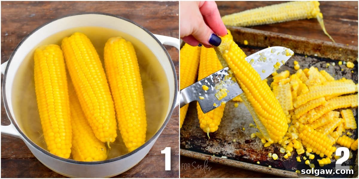 A collage showing the process of boiling corn on the cob and then carefully slicing the kernels off into a baking dish.