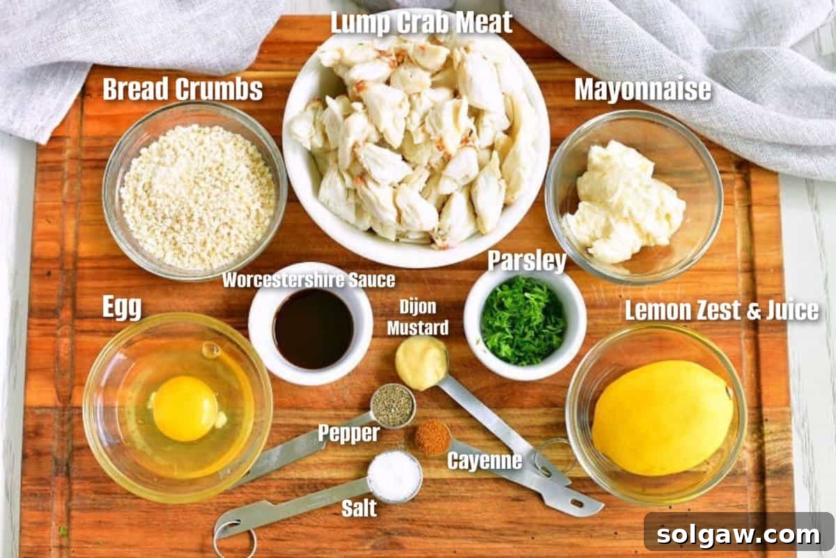 A collage displaying ingredients meticulously arranged and labeled on a wooden cutting board, ready for crafting the perfect crab cakes.