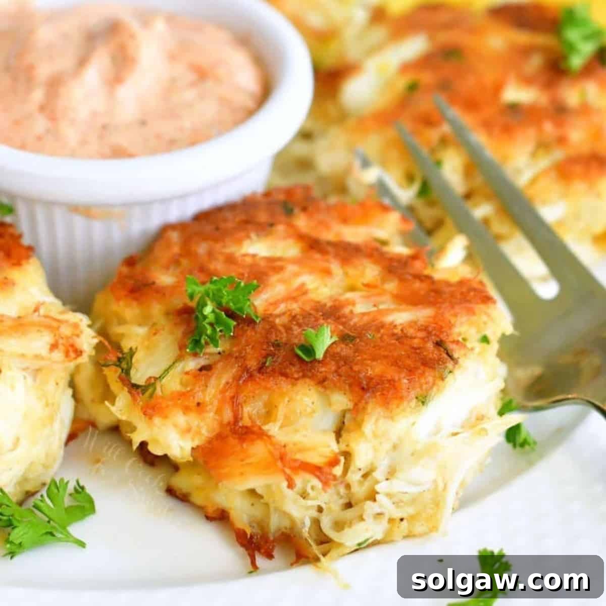 A single, perfectly cooked crab cake beautifully presented on a plate, accompanied by a fork and a small dish of vibrant pink remoulade sauce.