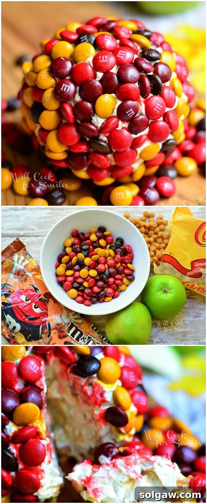 M&M Caramel Apple Dessert Cheese Ball collage