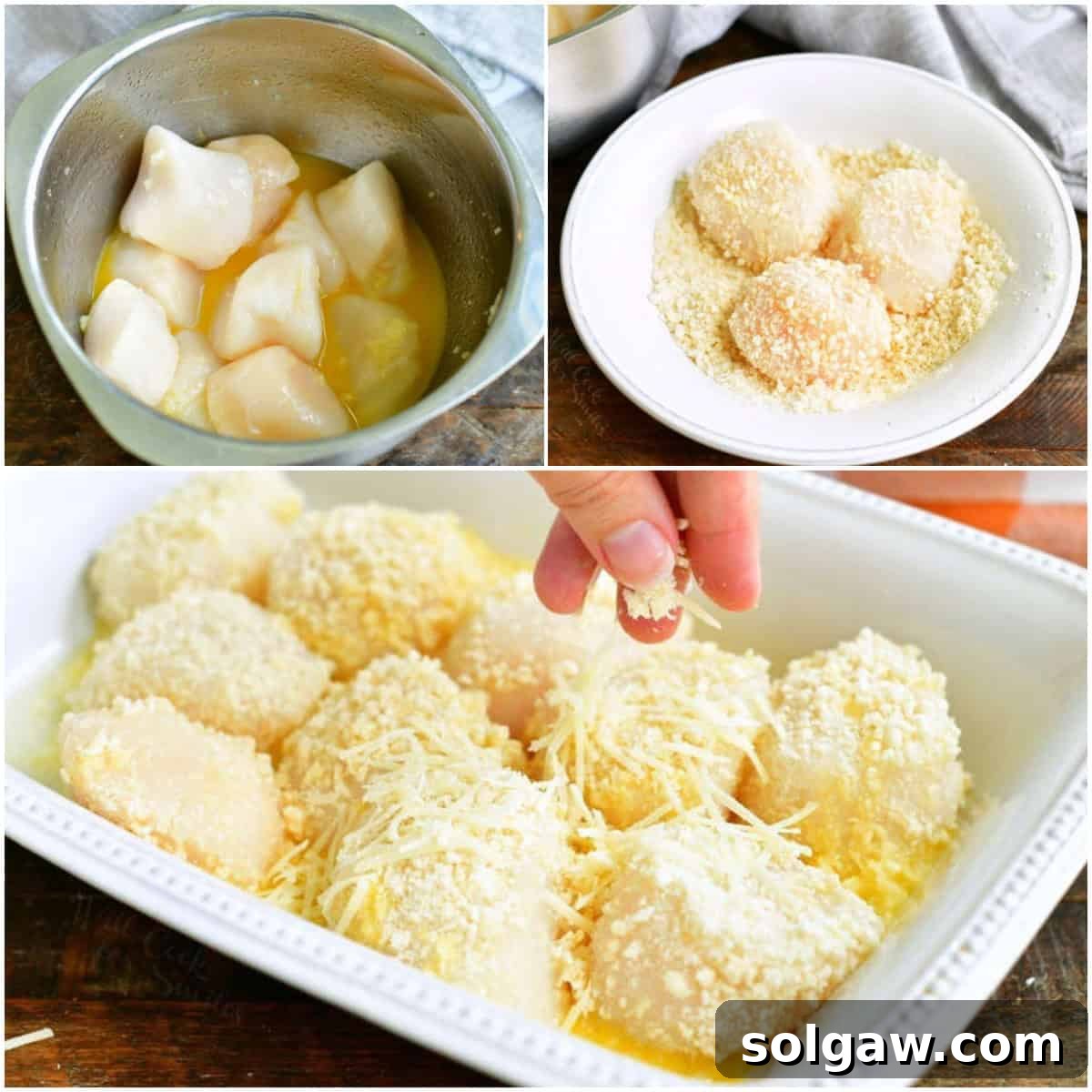 A three-panel collage showing the process of preparing baked scallops: tossing scallops in butter, then coating them in bread crumbs, and finally adding Parmesan cheese.