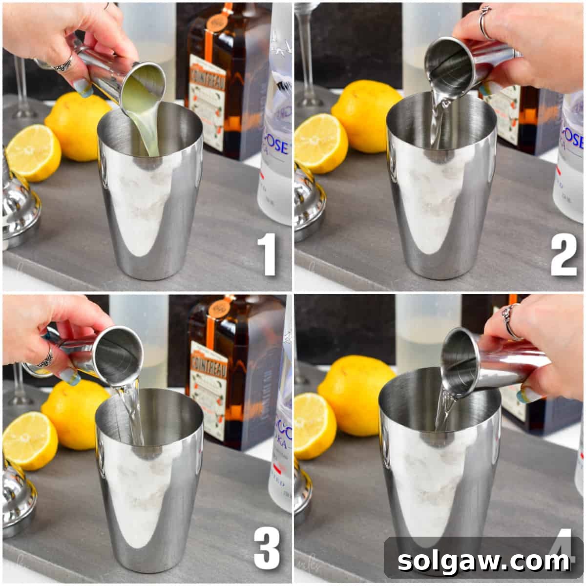 Collage of four images of pouring each ingredients into shaker.