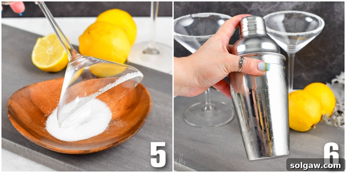 Collage of two images putting sugar on rim of martini glass, shaking all ingredients in a cocktail shaker.