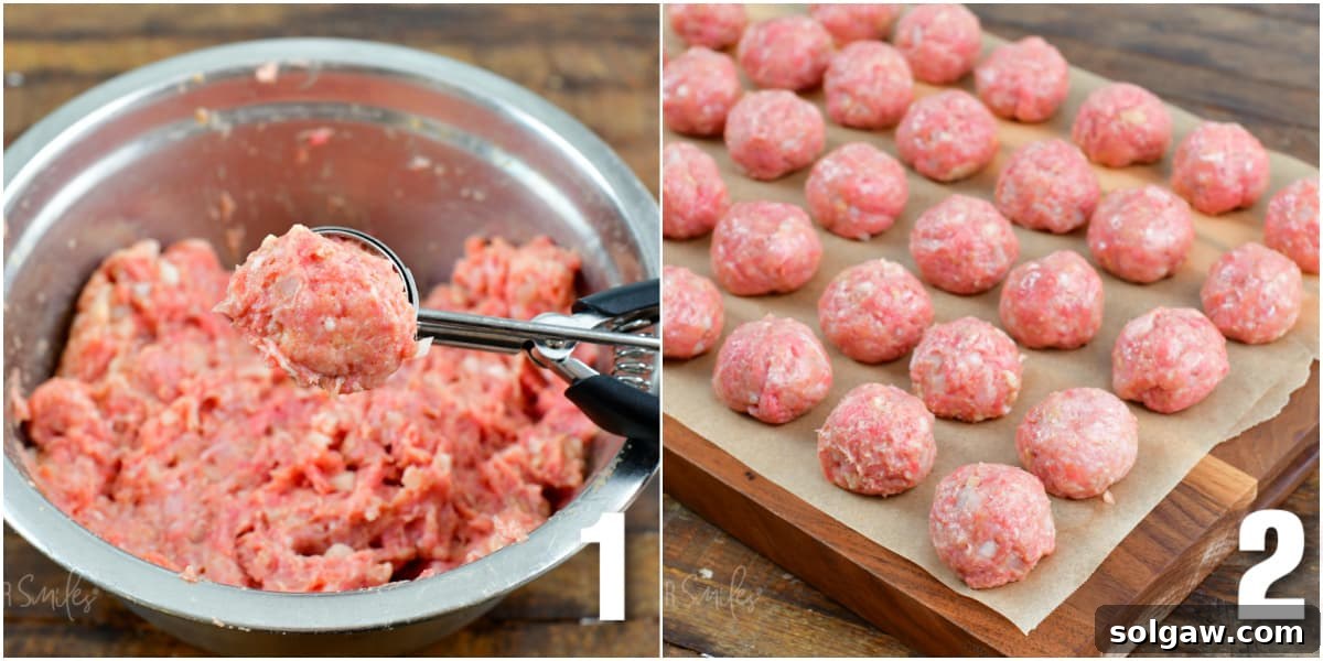 Creamy Swedish Meatballs 4 The first image shows the raw ground meat mixture being scooped into uniform portions. The second image displays the perfectly shaped, uncooked meatballs neatly lined up on parchment paper, ready for cooking.