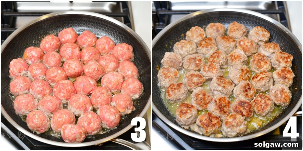 Creamy Swedish Meatballs 5 In the first photo, raw Swedish meatballs are carefully placed in a hot skillet to begin cooking. The second photo captures the meatballs browned to perfection, indicating they are almost fully cooked and ready for the next step.