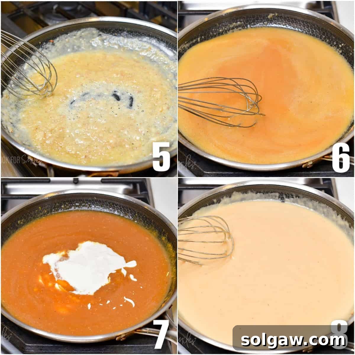 Creamy Swedish Meatballs 6 The process of making the creamy gravy is depicted in a four-panel image. It begins with forming a roux, followed by whisking in beef stock, then adding heavy cream and sour cream, culminating in a final shot of the rich, smooth gravy.