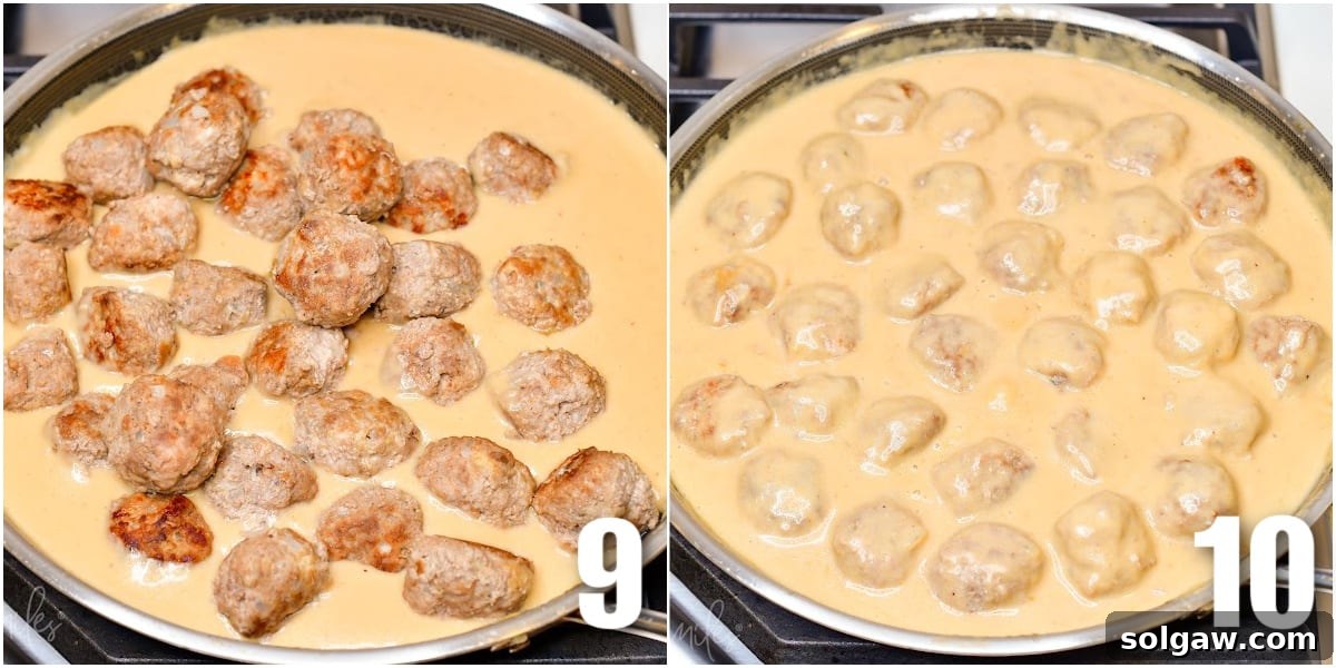 Creamy Swedish Meatballs 7 A close-up shot of a skillet brimming with perfectly cooked Swedish meatballs, generously coated in their signature creamy brown gravy, ready to be served hot.
