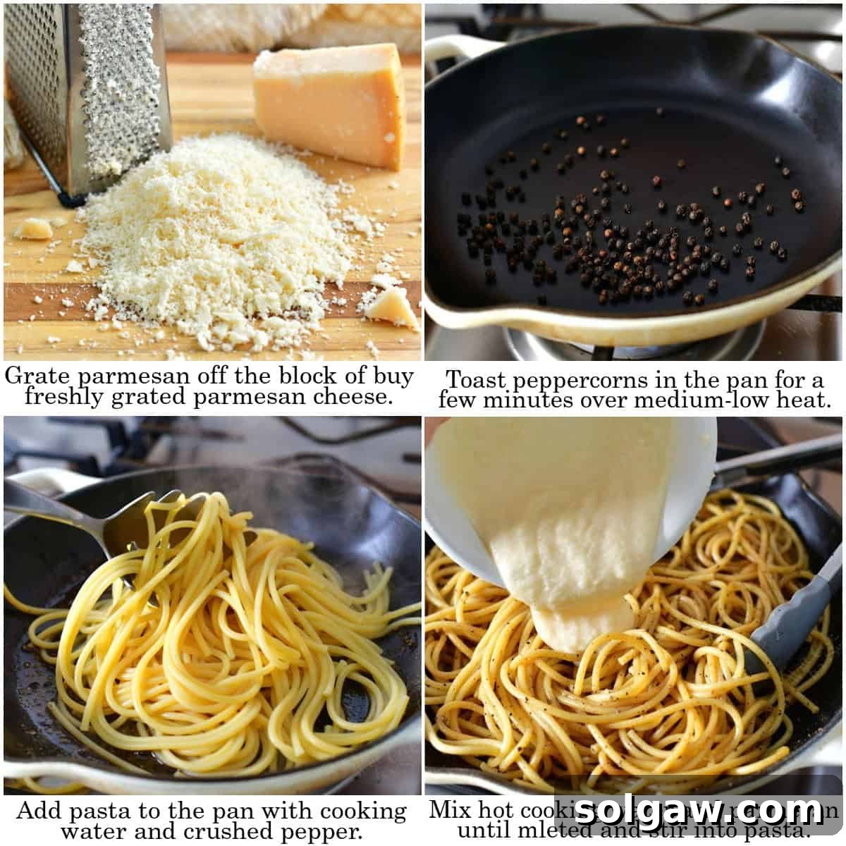 The Creamy Pepper Parmesan Pasta 4 An infographic showing four key steps to making perfect cacio e pepe pasta, from preparation to mixing.