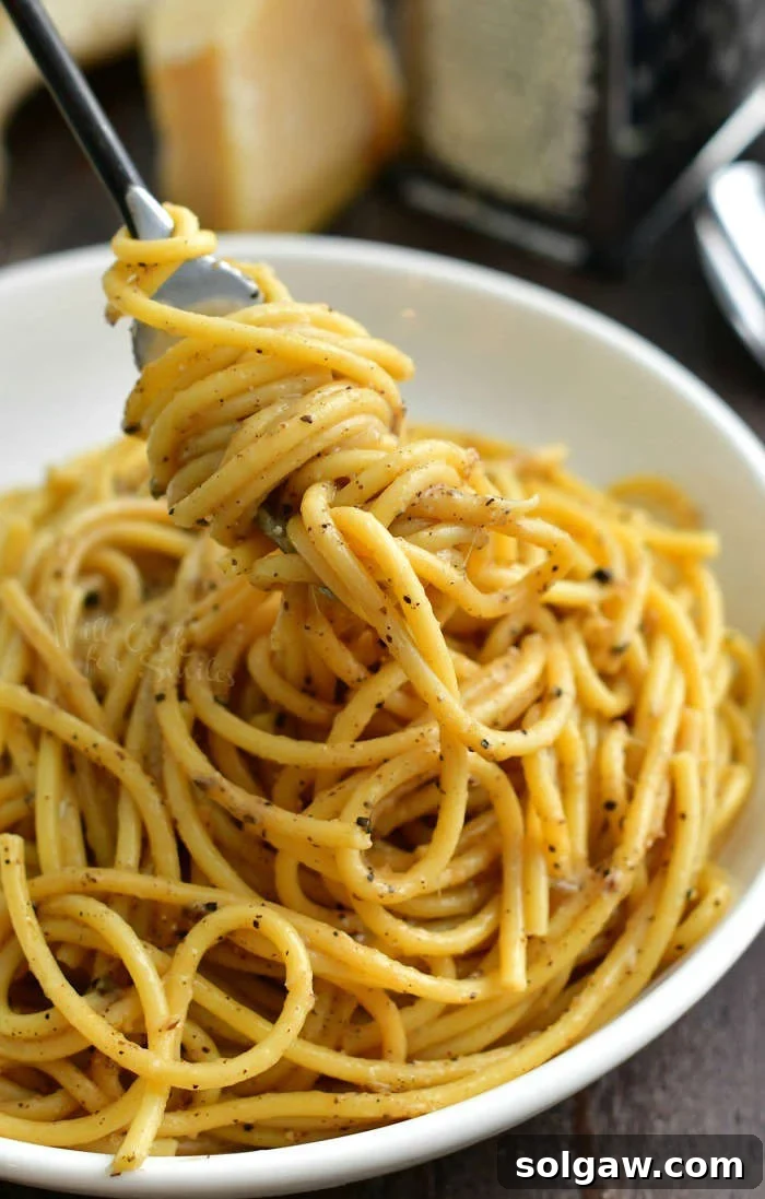 A close-up shot of a Cacio e Pepe pasta dish.