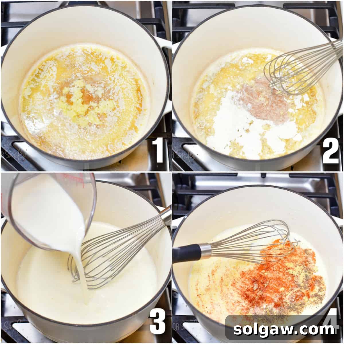 Gourmet Lobster Mac 4 A collage of four images showing the process of making the cheese sauce in a white Dutch oven.