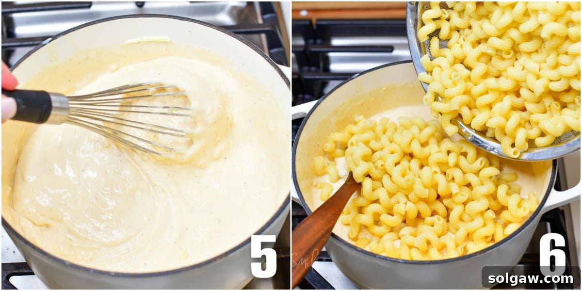 Gourmet Lobster Mac 5 A collage of two images: stirring cheese sauce in a pot, and adding cooked pasta to the sauce.