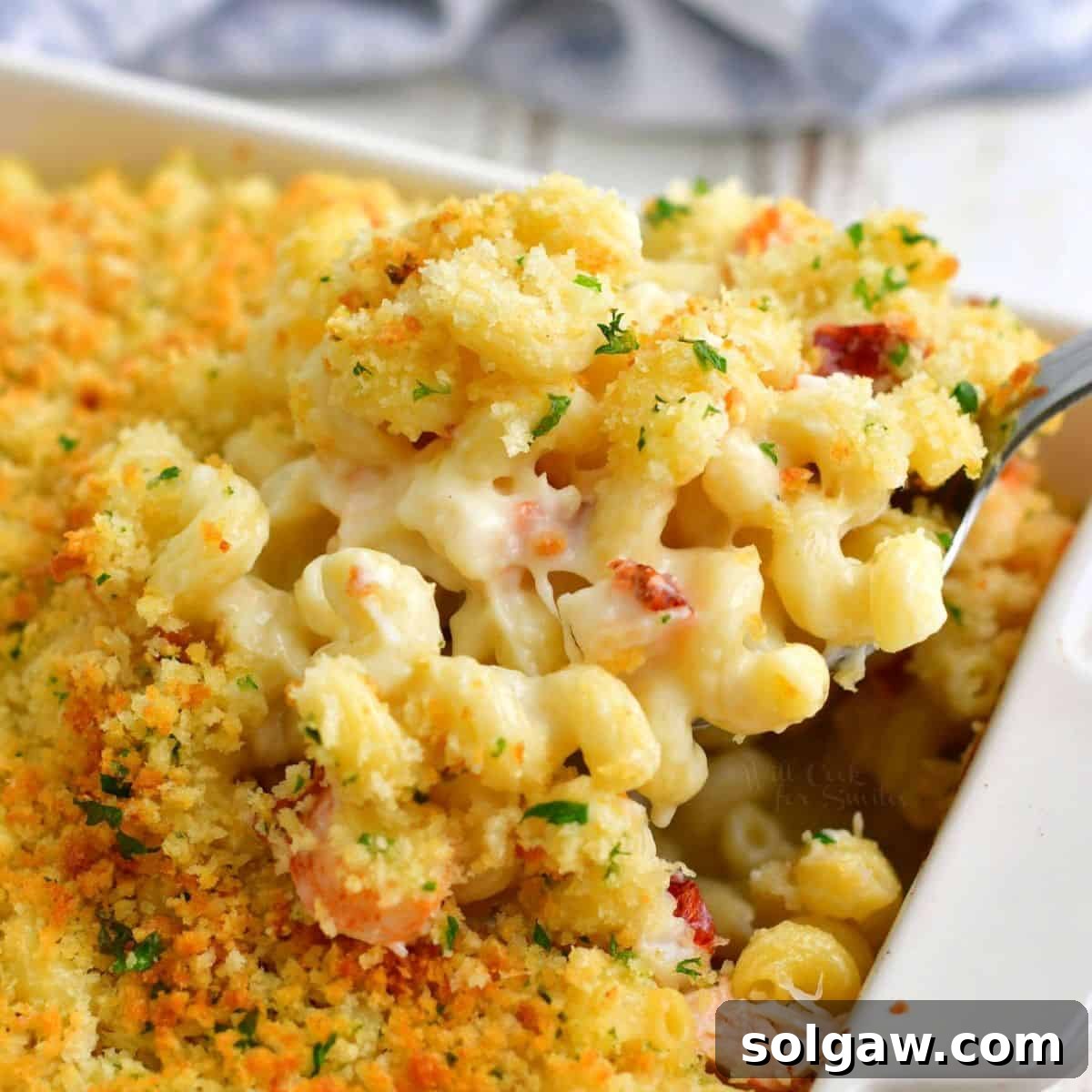Closer view of spoon pulling out some baked mac and cheese out of the baking dish with lobster pieces throughout