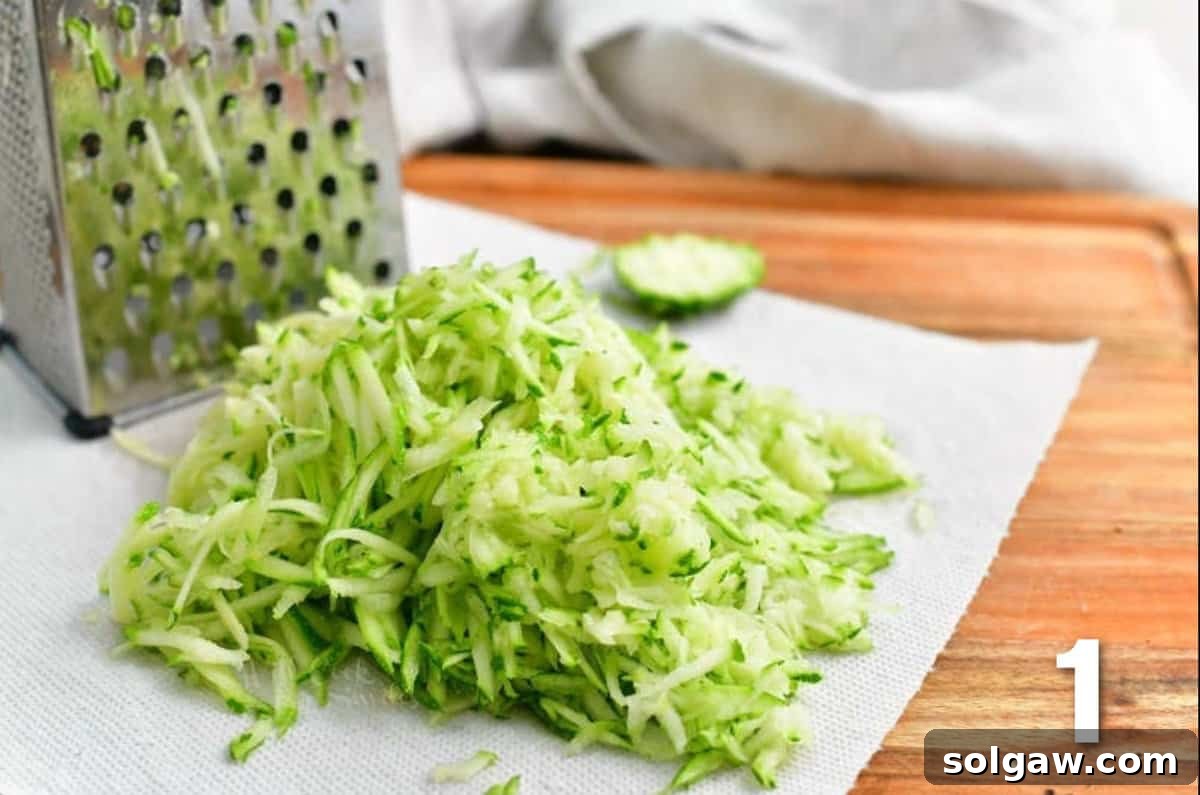 Zucchini Loaf Perfection 4 Finely shredded zucchini placed on a paper towel, ready for moisture removal, next to a stainless steel cheese grater.