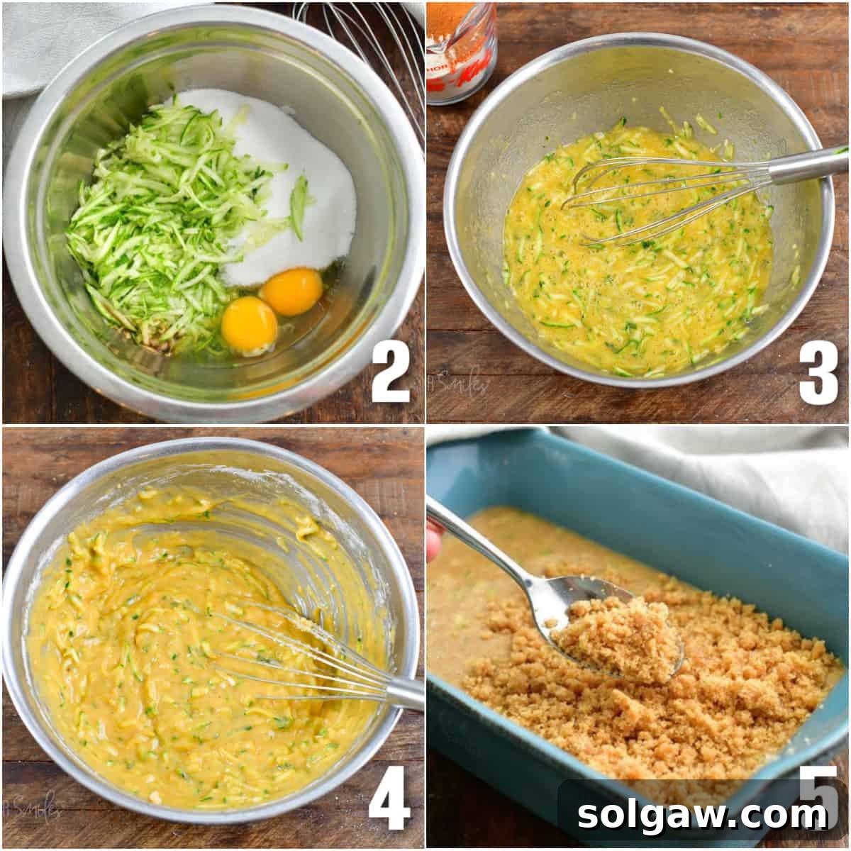 Zucchini Loaf Perfection 5 A collage showing two stages of zucchini bread preparation: mixing wet ingredients in a bowl and spreading streusel topping over the batter in a loaf pan.