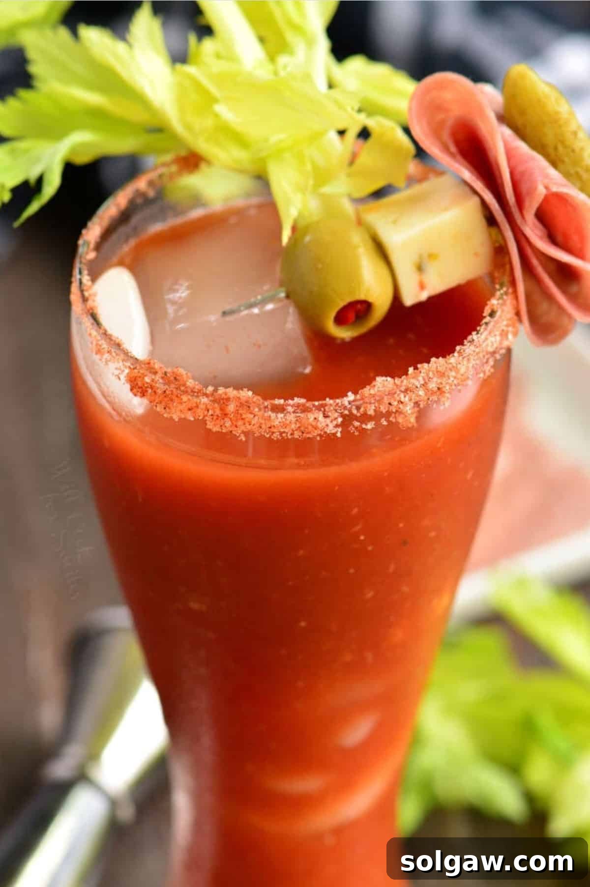 Bloody Mary cocktail with spicy salt rim and garnish of cheese, olive, salami, and pickle.