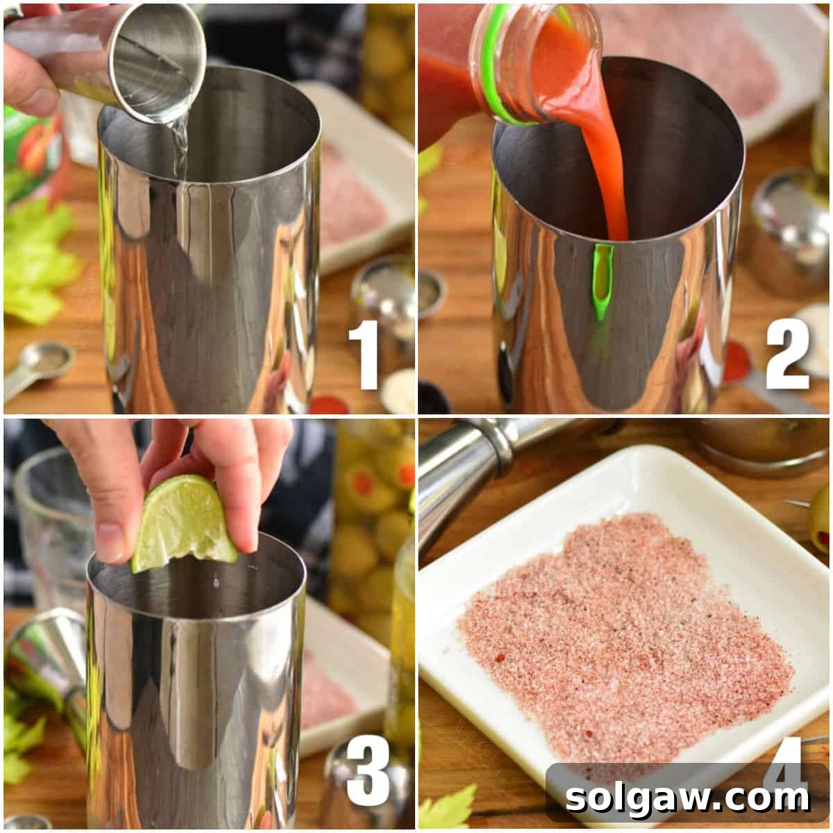 A collage showing the steps of making a Bloody Mary: adding vodka, V8 juice, lime juice, and preparing the spicy salt rim.