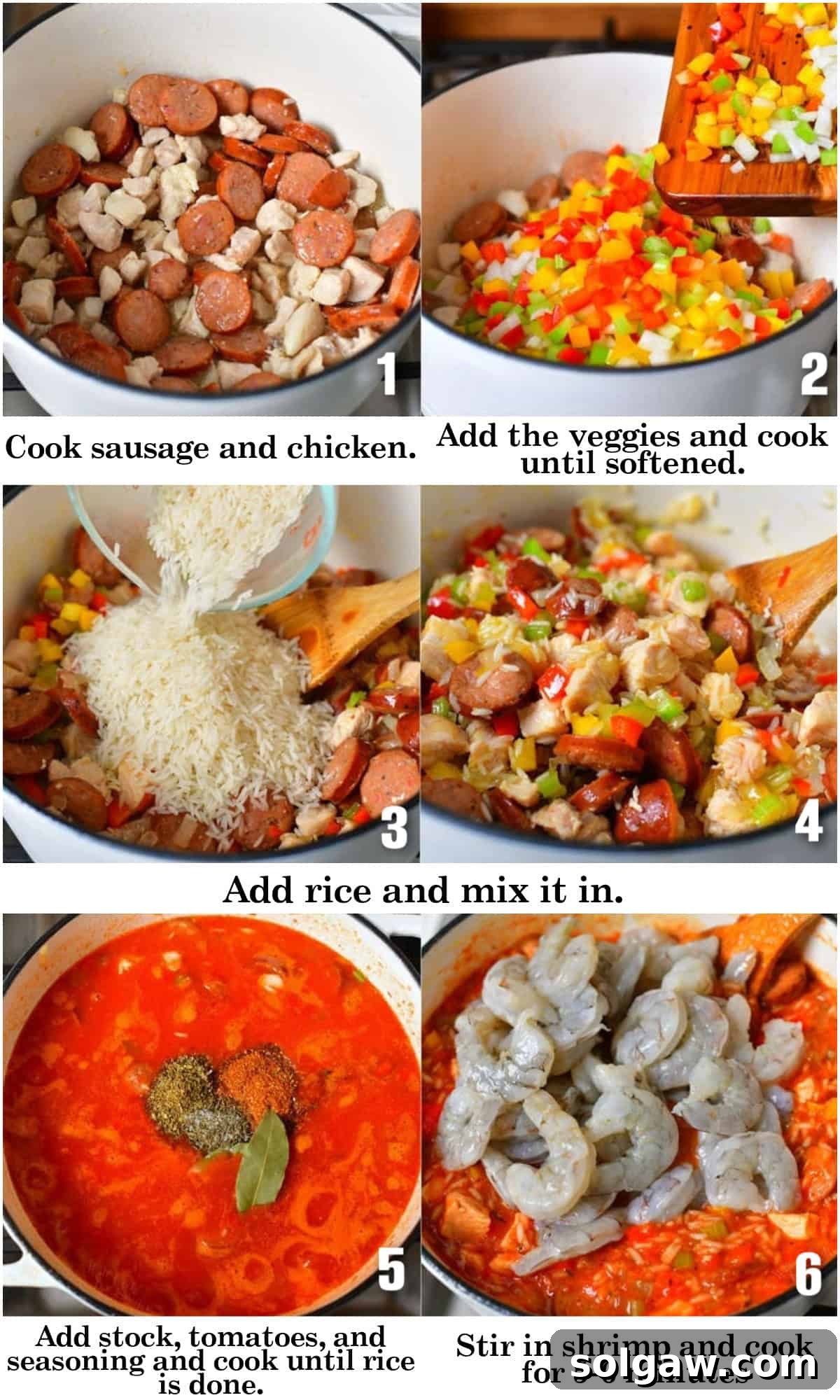 Infographic showing six visual steps for cooking classic Jambalaya: searing meat, adding vegetables, mixing rice, pouring liquids, adding hot sauce, and finally, incorporating shrimp for a complete dish.
