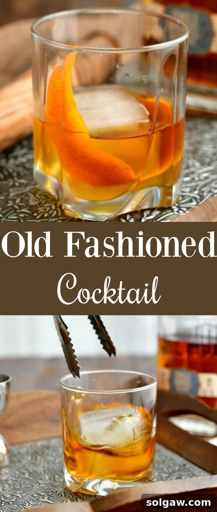 titled photo collage shows Old Fashioned cocktail in glass over ice