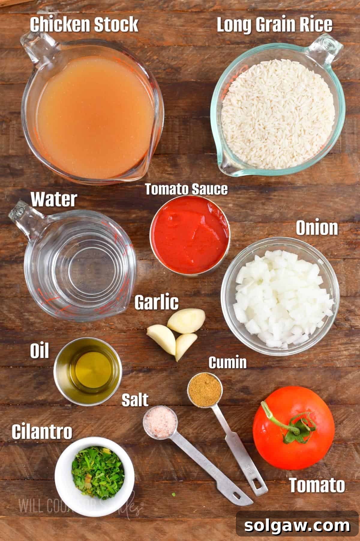 Ingredients laid out on a wooden board for making Spanish rice, including rice, tomatoes, onions, garlic, and tomato sauce.