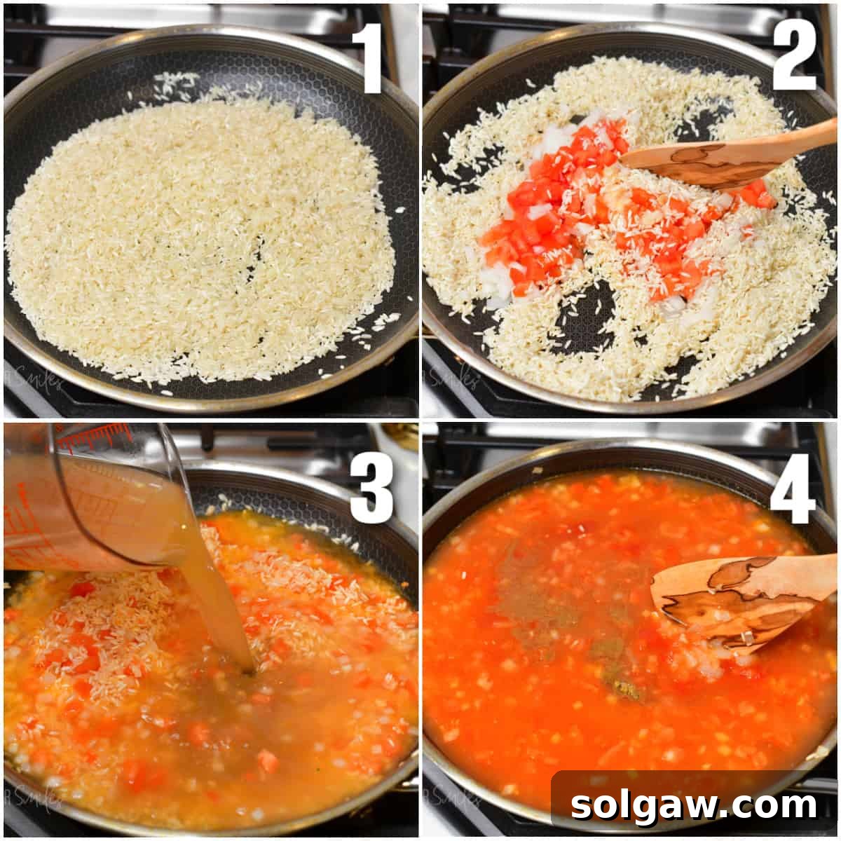 A collage showing the cooking steps for Spanish rice: sautéing rice, adding vegetables, pouring in broth, and seasoning.