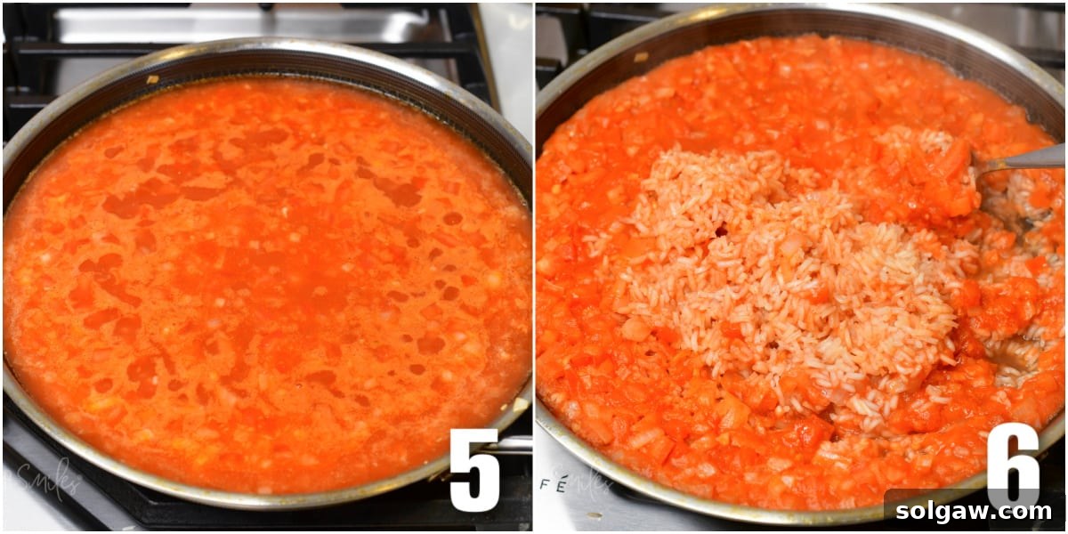A collage of two images: Spanish rice simmering in a pot, then being fluffed with a fork after cooking.