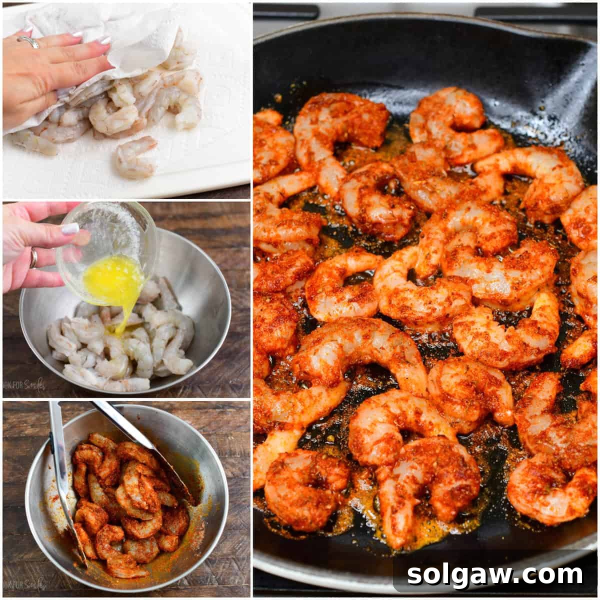 Smoky Cajun Shrimp 4 collage of four images of prep and cooking steps to make the blackened shrimp.