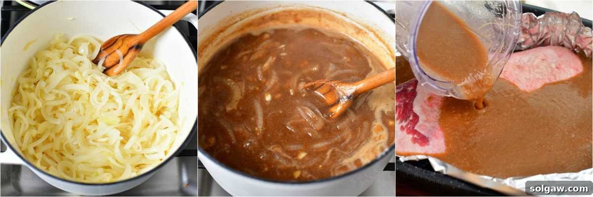 A photo collage illustrating the step-by-step process of making the rich balsamic sauce for the beef brisket recipe, showcasing ingredients and key cooking stages.